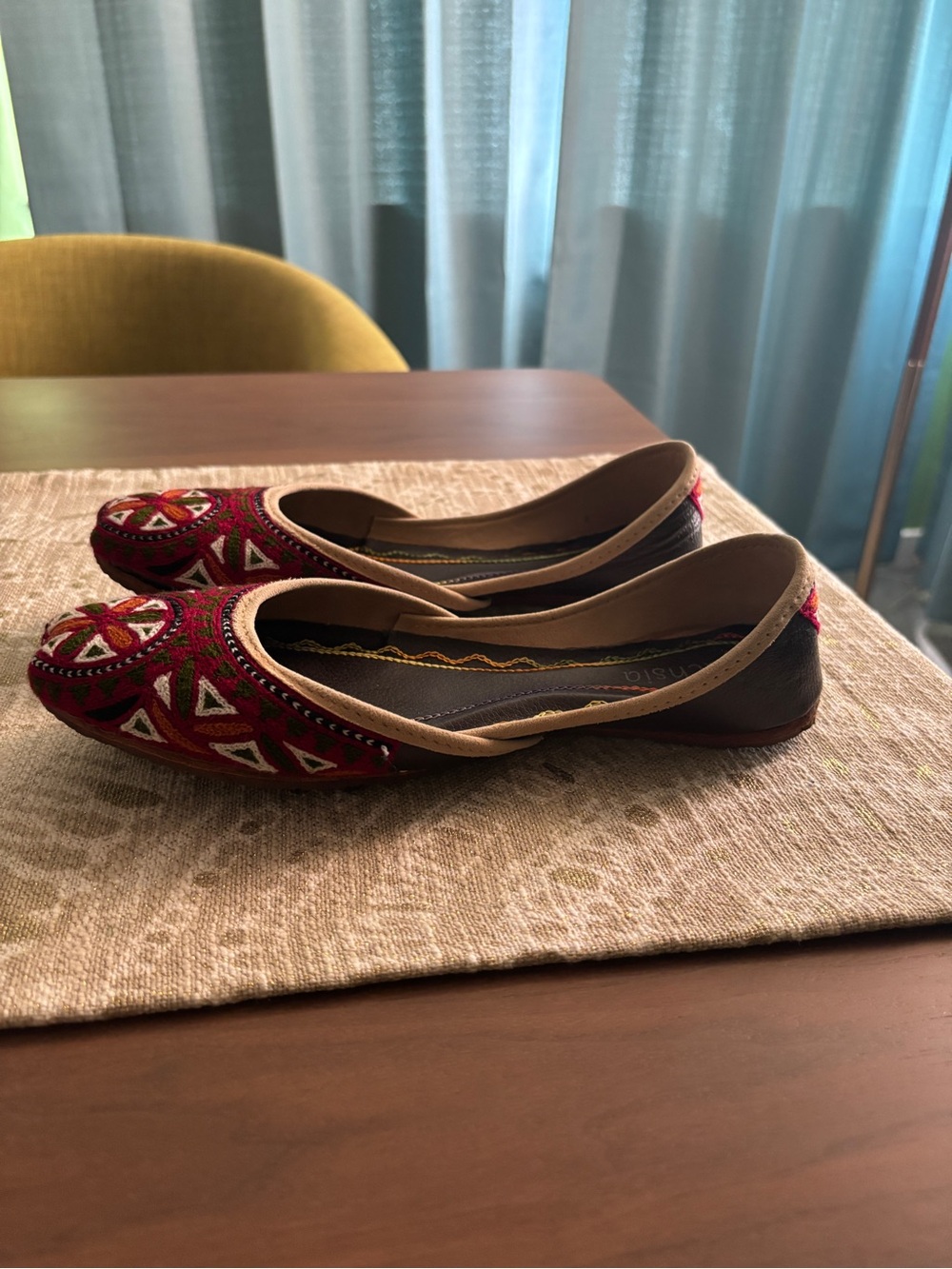 Embroidered Red Women's Flats with Beige Trim